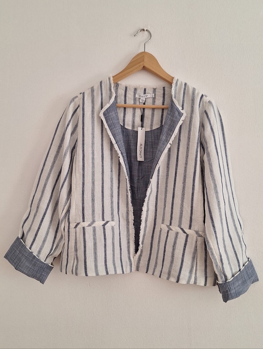 NWT Chico's White and Blue Striped Cropped Blazer